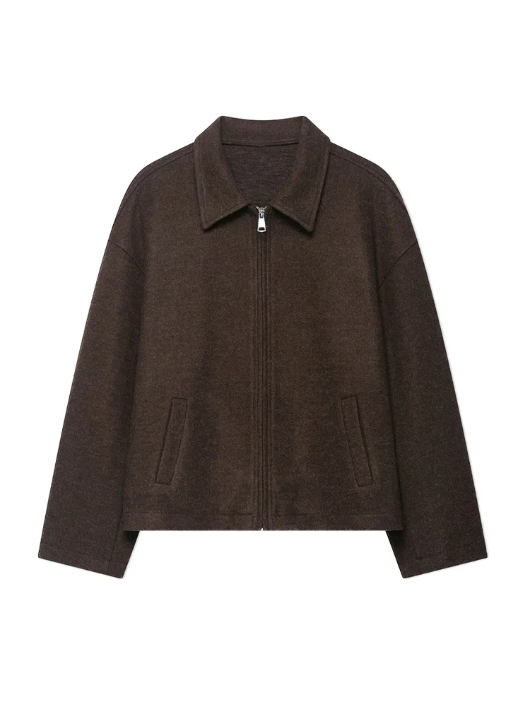 Women's Fashion Front-Zip Solid Wool Jacket with Long Sleeves and Lapel Collar, Female Outerwear Chic Top
