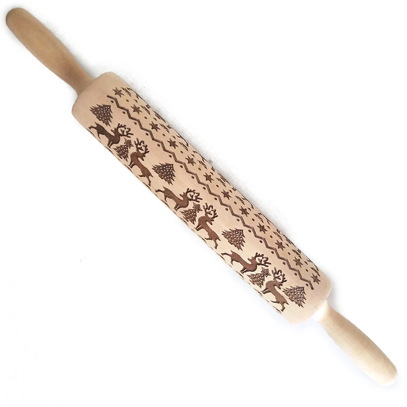 

35CM Wooden Rolling Pin Christmas Elk Embossed Rolling Pin DIY Cookie Cake Pastry Dough Tool Cookies Stamp Tool