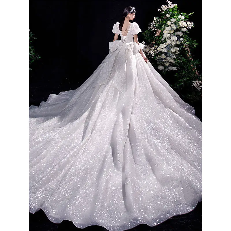 Luxury Ball Gown Wedding Dress Glitter Sparkling Sequins Pearls Puffy Sleeves Princess Bridal Gown Robe De Mariée Long Vestido