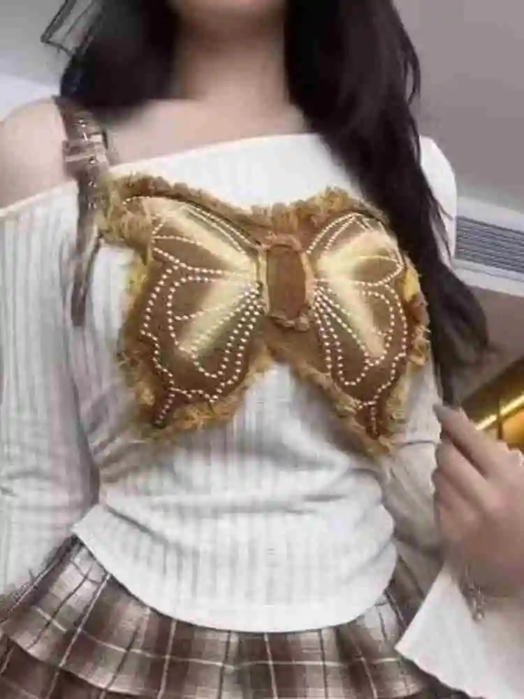 

Y2K Spicy Girl oulder Long Sve футболка женская ранняя весна осень Pure Desire дизайн нерегулярный косой воротник K...