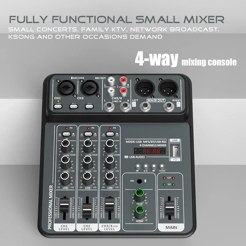 4-Channel Pro Audio Mixing Console, 48V Phantom, USB/Bluetooth, DJ Mixer for Studio, Karaoke & Music