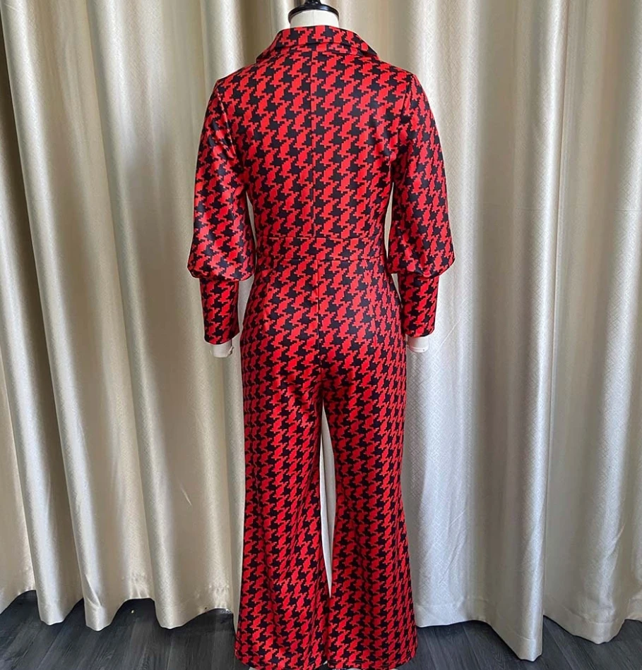 Jumpsuit Women 2024 Spring Fashion Houndstooth Print V-Neck Elegant Temperament High Waist Long Sleeved Daily Wide Leg Jumpsuit