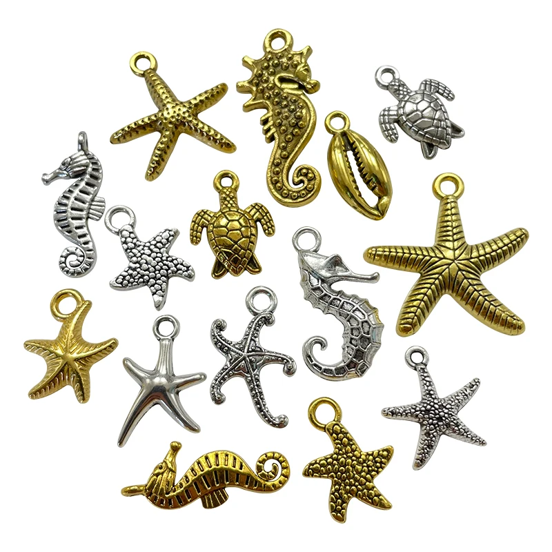 Popular Starfish, Seahorse, Turtle Shell Silver and Gold Pendant Charm Making Mini Earrings Amulet Jewelry Material Accessories