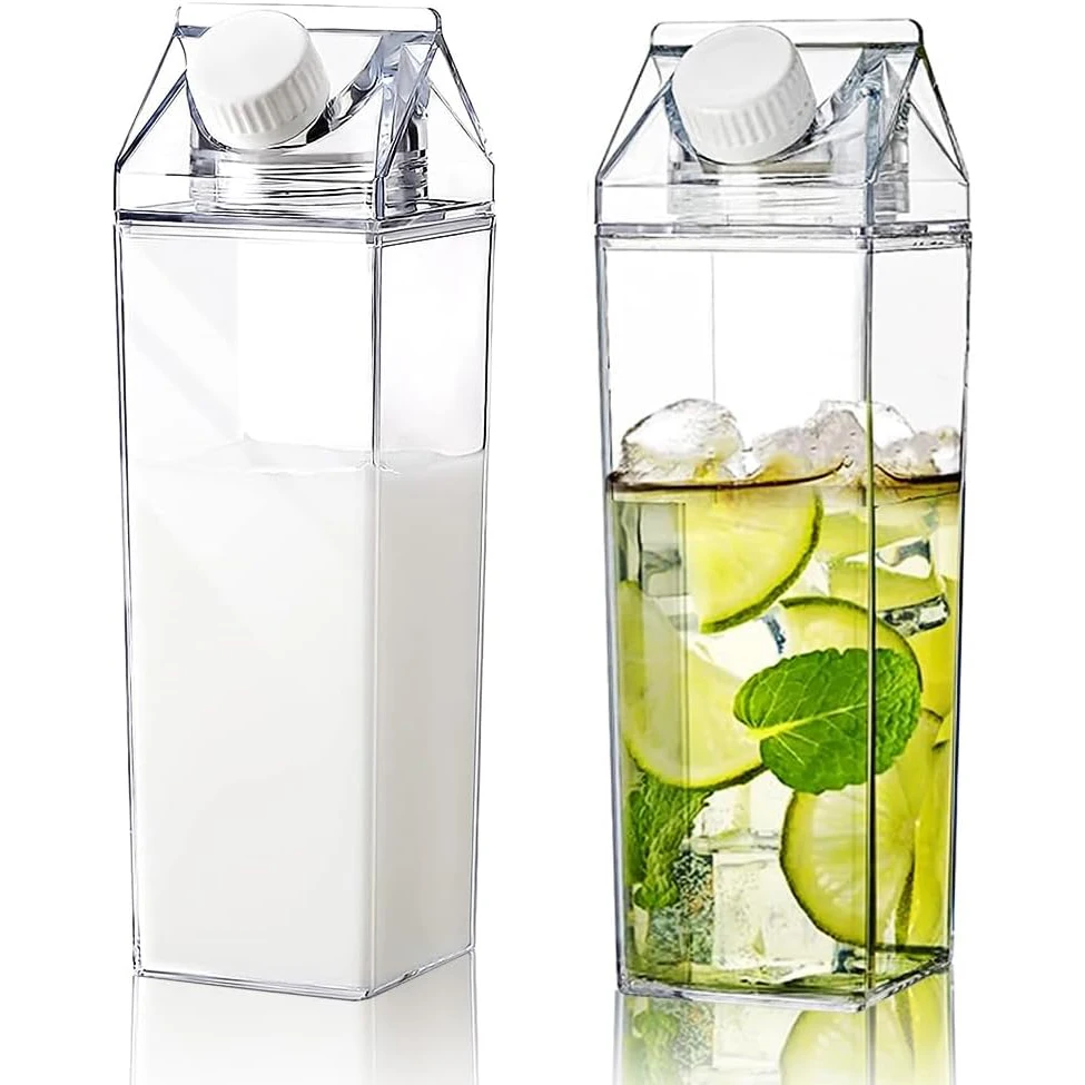 2 Pack Milk Carton Water Bottle Reusable Clear Plastic Milk Box Portable Square Juice Bottle Box Shaped Container Juice Tea Jug