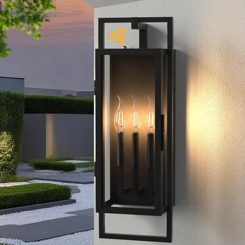 25" 3-Light Outdoor Wall Mount Fixture, Dusk-to-Dawn Black Metal Sconce with Seeded Glass Shade, Auto On/Off Waterproof Porch Light for House Exterior Patio (No Bulb)