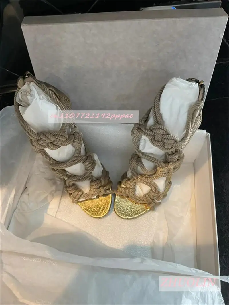 Female Braided Rope Open Toe Sandals Elegant Stilettos Zipper Dress High Heels Sexy Prom Party Big Size Women'S Shoes Gladiator view 2