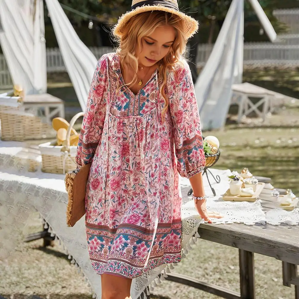 

Women Loose Dress Bohemian Style Floral Print V Neck Mini Dress with Drawstring Patchwork Details for Summer Vacation Beach