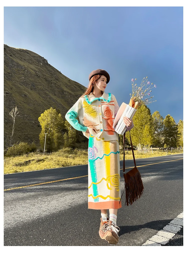 Cardigan tricoté à col rabattu coloré, pull taille haute, amincissant, jupe mi-longue, nouvelle collection printemps et automne 2025