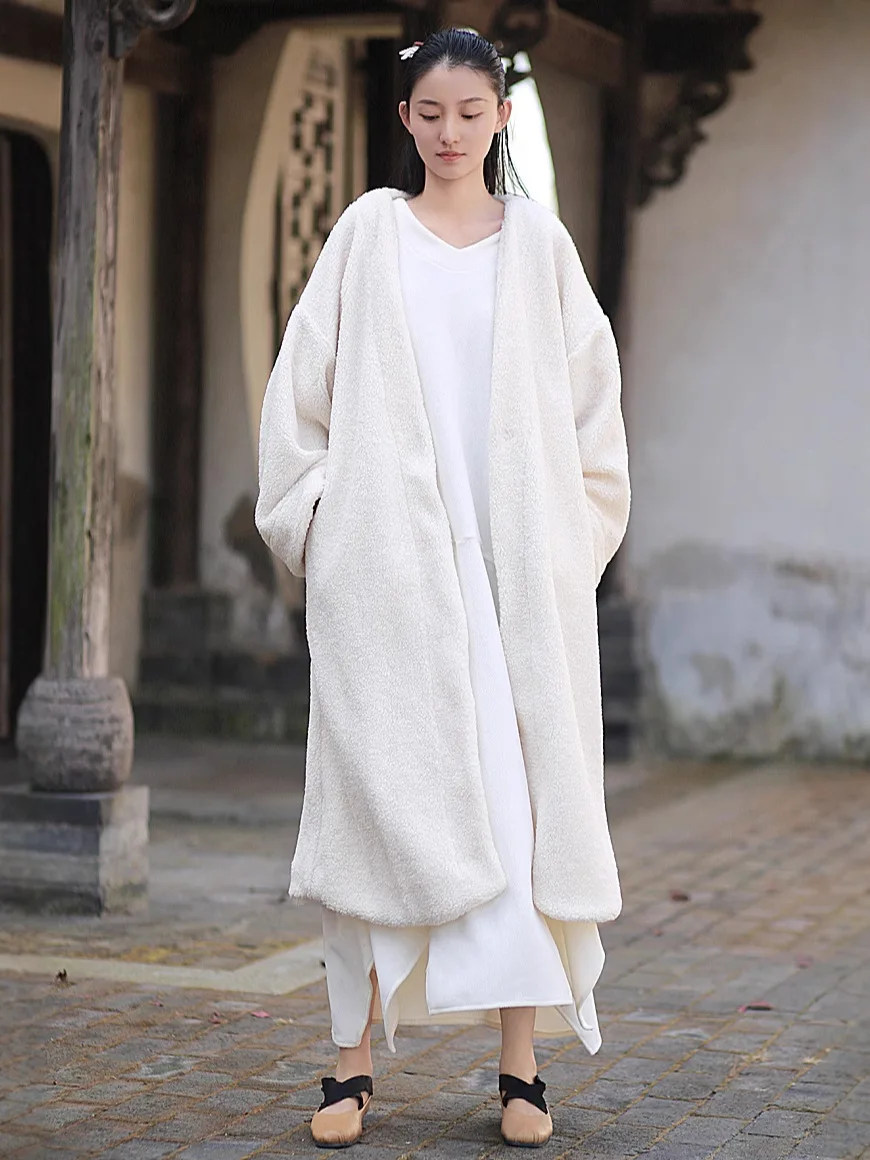 TIYIHAILEY الشتاء النساء ملابس خارجية معاطف فضفاضة طويلة منتصف العجل الصوف سترة دافئة خندق سميكة سترة سوداء مع جيوب زر واحد #5