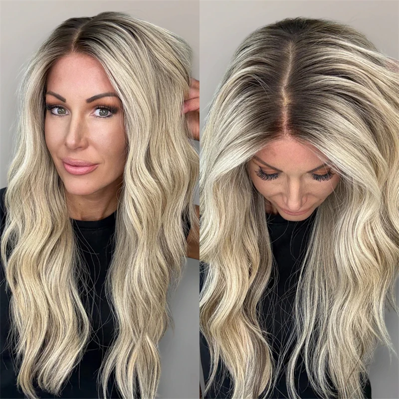 

Trendy Wigs 13x4 Ombre Ash Blonde Highlights Synthetic HD Lace Front Wig with Natural Dark Roots High Quality Wig for Women 26''
