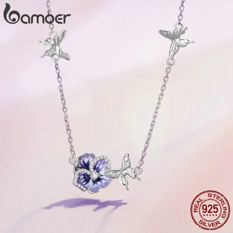 Bamoer 925 Sterling Silver Purple Enamel Pansy Flower Pendant Necklace Dancing Butterfly Adjustable Neck Chain for Women BSN336