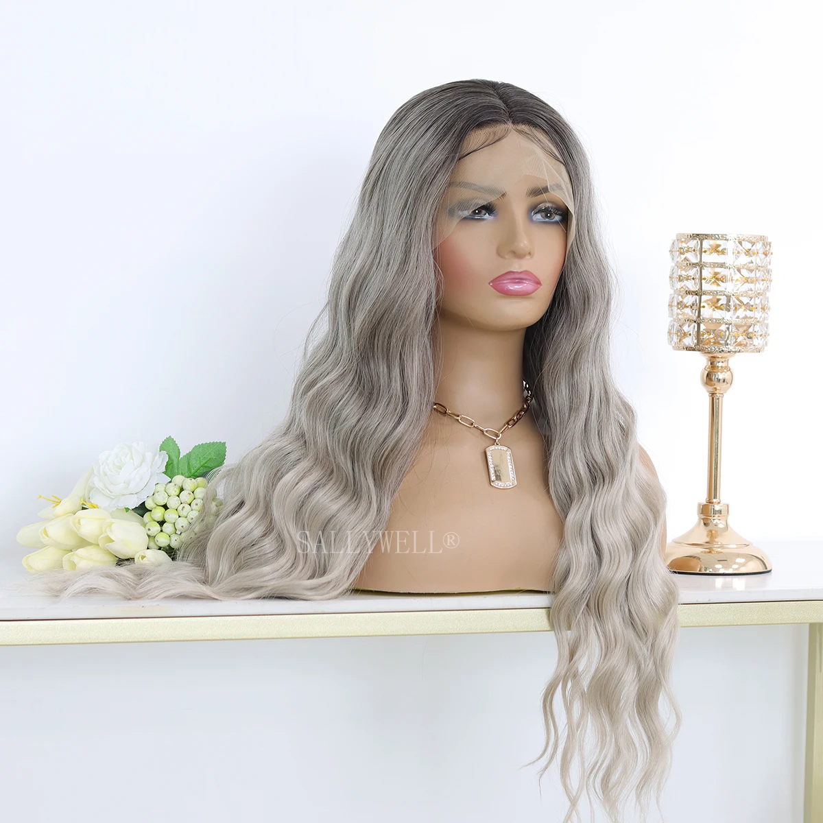 

Dirty Gray Wigs Mixed Sliver Lace Front Wig Long Loose Wave Grey Synthetic Fiber Hair 24Inch Highlighted for Women Girls