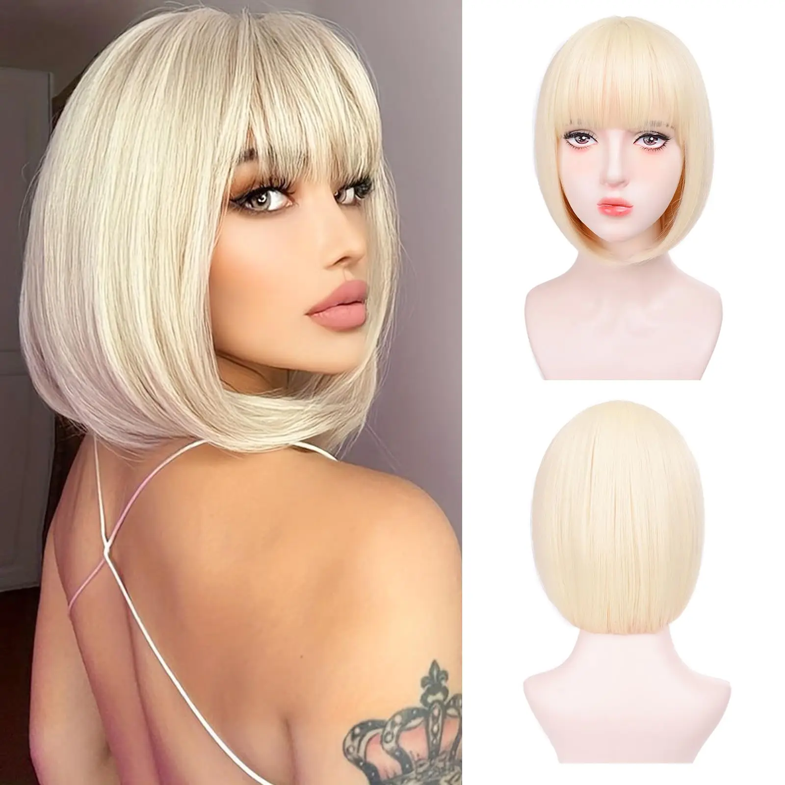 Hellgoldene synthetische Perücke mit großen Wellen für Halloween-Party, Cosplay-Perücke, Alltagsperücke, Hochtemperatur-Haar-Seidenperücken-Set – Detail 24