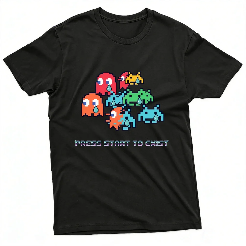 Press Start To Exist Funny Retro Pixel Space Invaders Nostalgic Gaming Meme Casual Cotton Short Sleeve Crew Neck Graphic T-Shirt