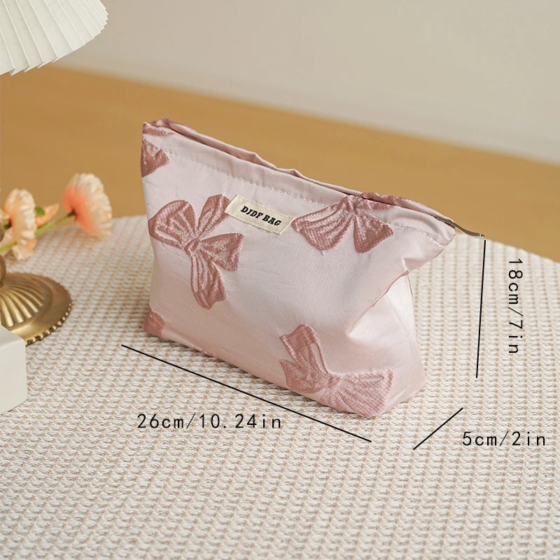 Women\'s Makeup Bag Pink Bow Large Capacity Volume Lipstick Air Cushion Mobile Phone Storage Bag Portable Canvas Cosmetic Bag