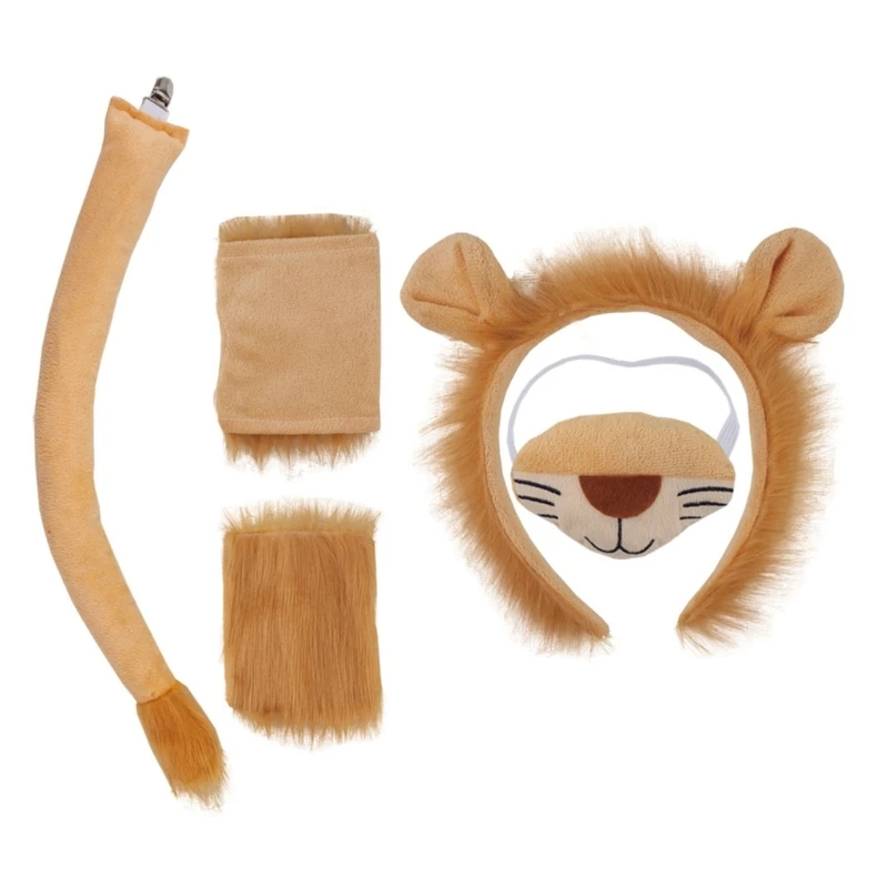 Child Lion Cosplay Set Animal Dress up Costume Lion Hairband, Tail, Skirt, Bowtie for Kid Birthday Party Halloween