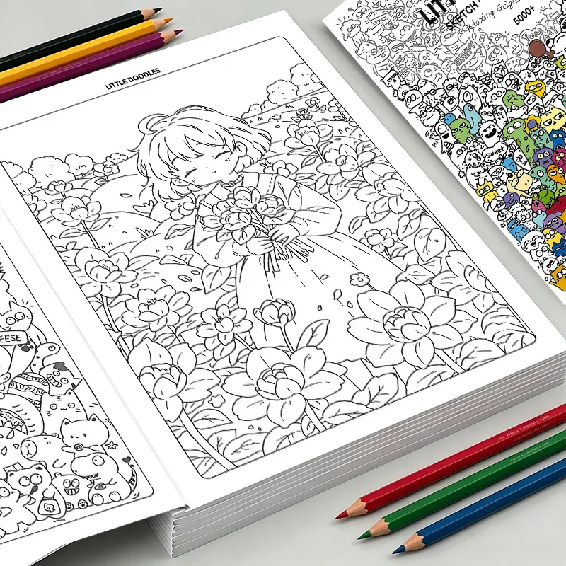 Little Doodles Coloring Book 32 Pages, Sketch Trace & Color Doodle Patterns Stress Relief Art Activity Book for Adults
