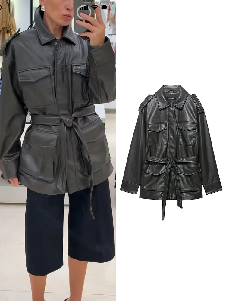

Новая женская винтажная куртка из искусственной кожи с поясом, модная свободная уличная одежда, женская повседневная длинная верхняя одежда с карманами на молнии, осень