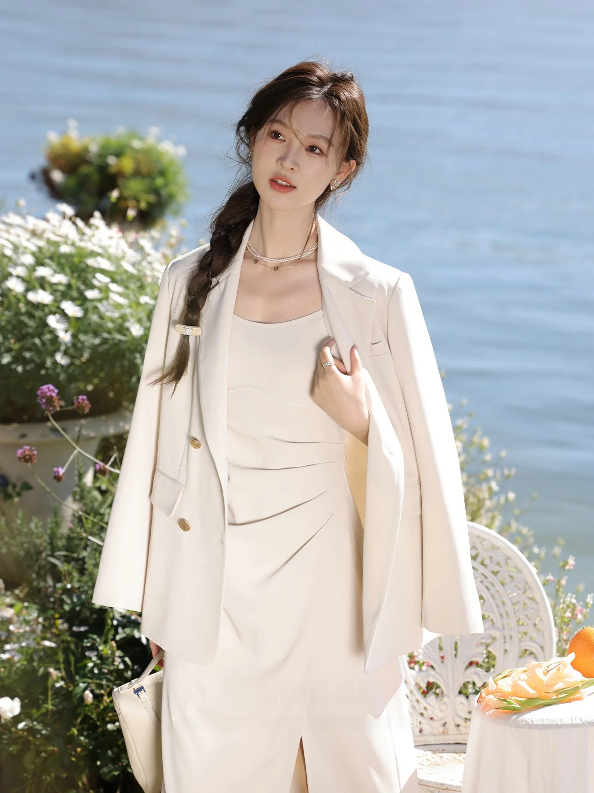 Spring New Arrival Women's Dr Long Strapl Gown Suit Set High Waist French Sle Pure Color Ciwalk A-Line Skirt