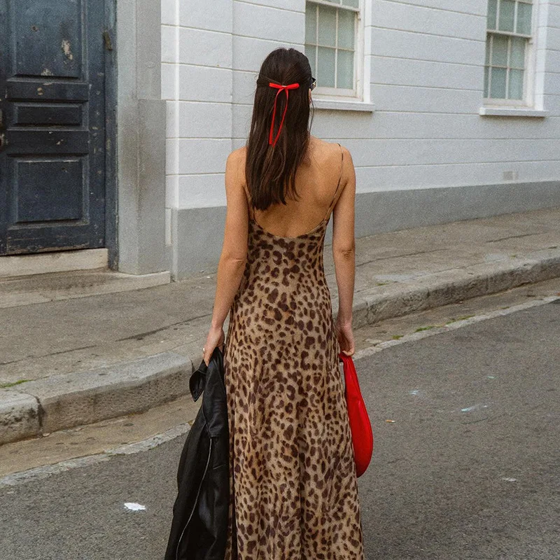 Otoño Invierno estampado de leopardo espalda descubierta Y2K Maxi Vestido Sexy fiesta Club trajes mujeres sin mangas cuello pico ceñido vestidos Vestido