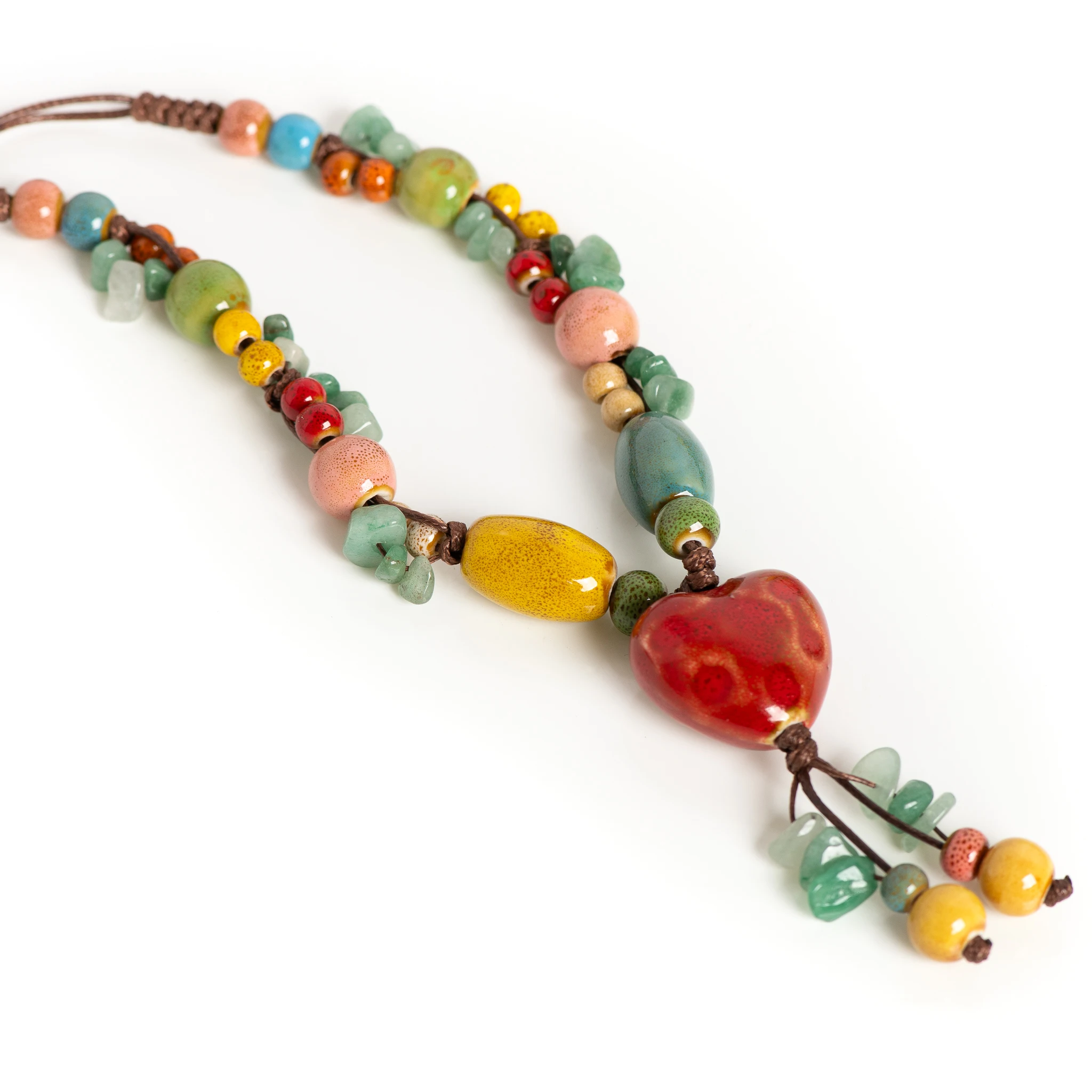 Vintage Heart Ceramic Necklace for Women Adjustable Handmade Boho Style Sweet Long Pendant Jewelry