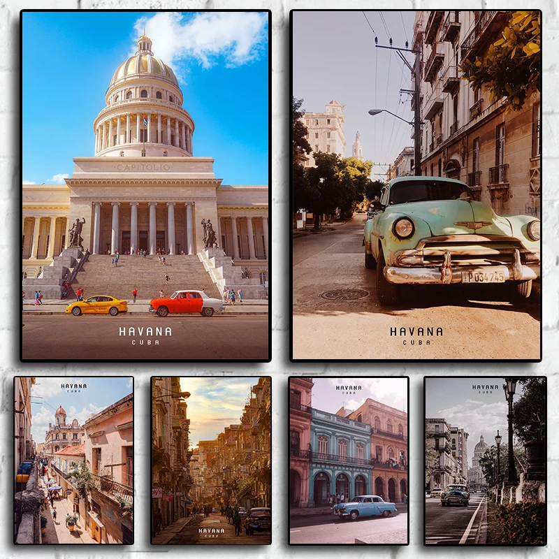 Modern City Travel Havana Cuba Landscape Architecture Vintage Cars Poster Canvas Painting Wall Pictures Home Interior Decor