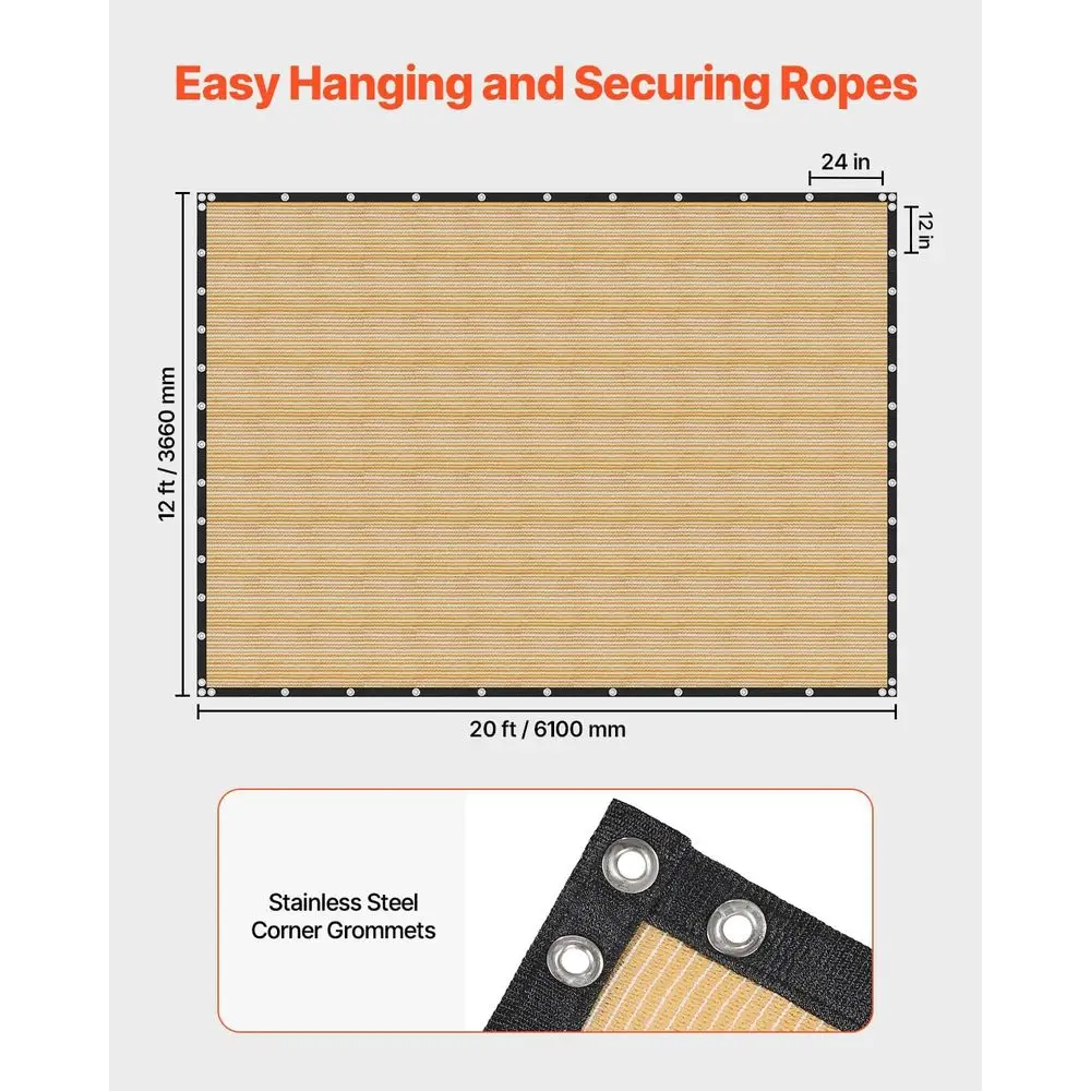 90% 차단 베이지색 퍼골라 차양막, 12x20피트, 160 GSM HDPE, 스테인리스 그로밋으로 야외 프라이버시 보장