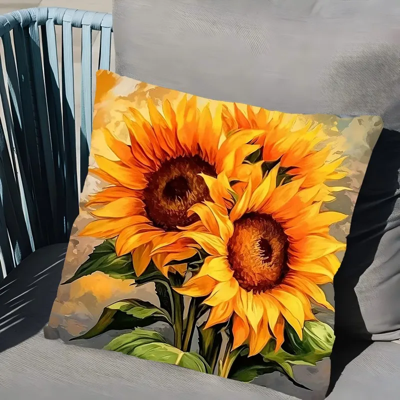 1pc Oil Painting Style Sunflower Printed Throw Pillow Cover, Suitable for Sofa,Bedroom,LivingRoom,Elegant Gift for Flower Lovers