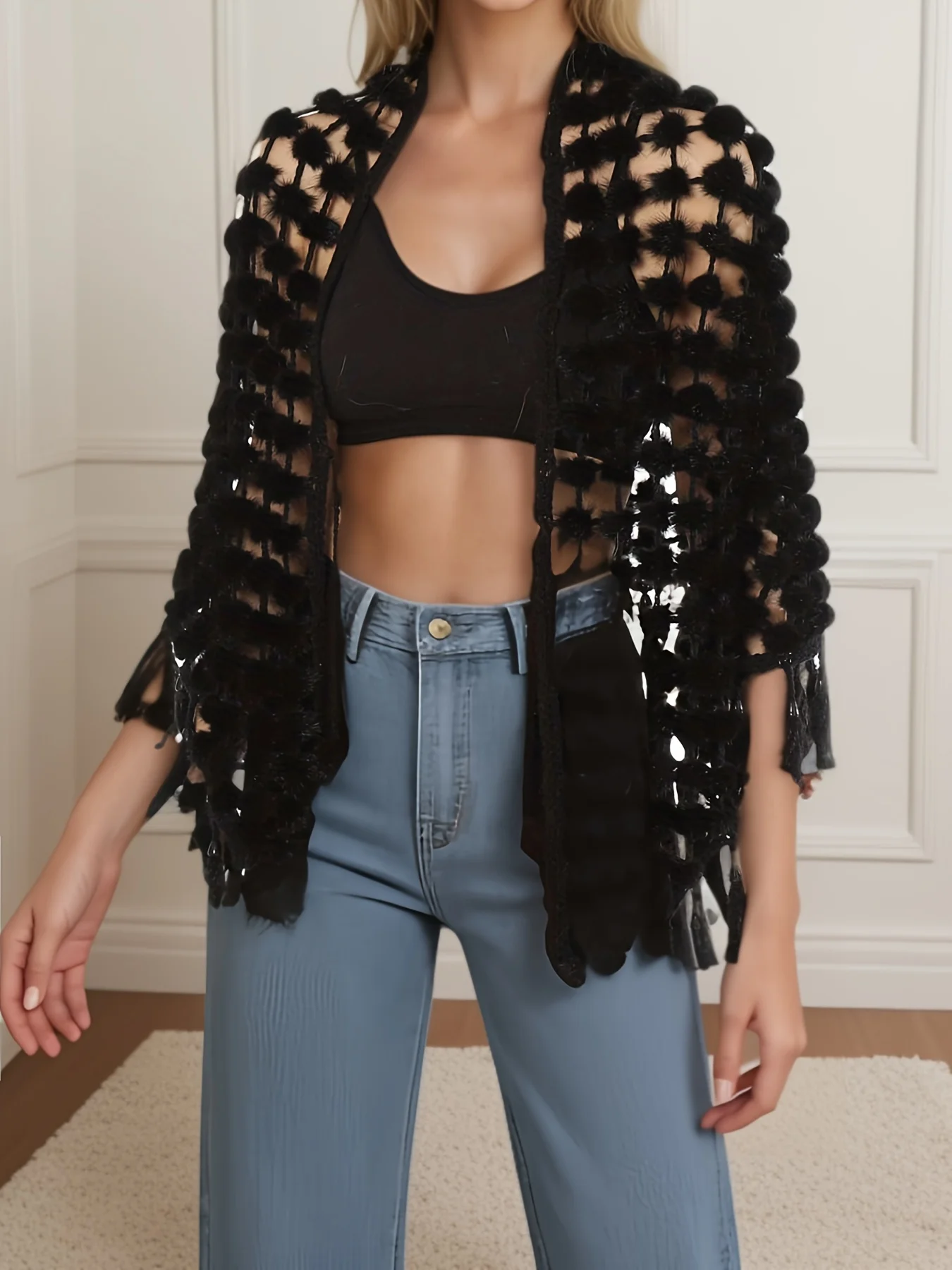 Real Mink Fur Sheer Shawl with Tassels Pom Poms, Elegant Holographic Air-Conditioning Clothes, 2210004