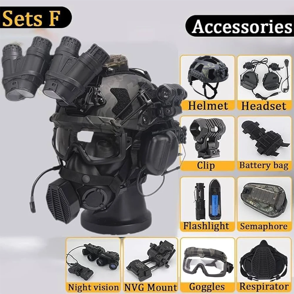 Tactical Helmet Set Fast Camouflage Protective Helmet With Four-Eye NVG Model Respirator Mask Signal Light for Field Cosplay
