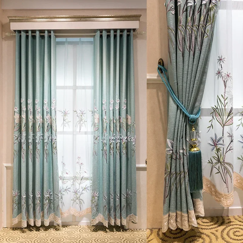 

American High-end Embroidered Curtains for Bedroom Living Room European Style New High Shading Relief Tulle