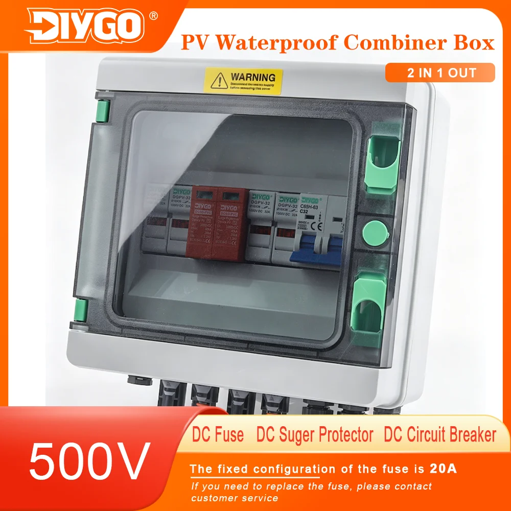 2 In 1 Out PV DC Combiner Box DC500V IP65 Waterproof Solar Junction Box with DC Fuse SPD MCB Outdoor Dustproof Case Wall-mounted