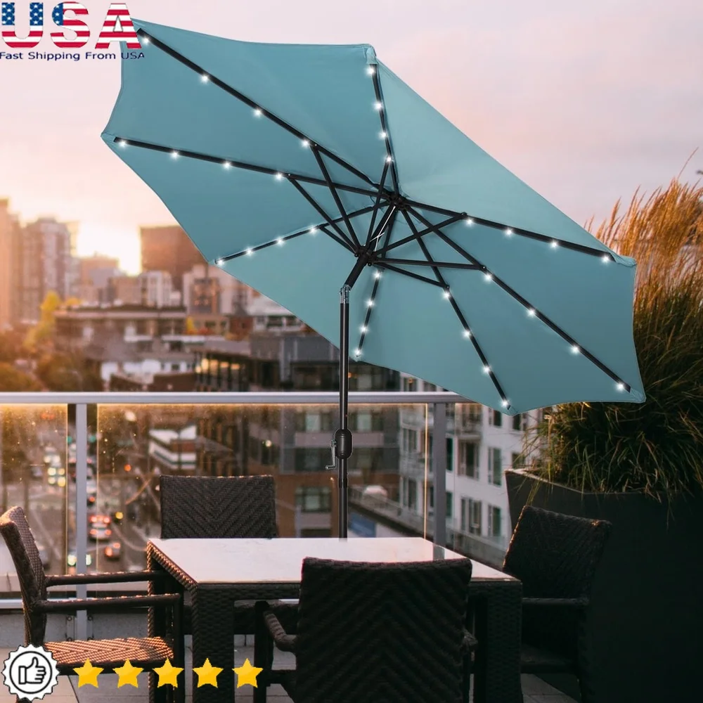 

9ft Solar Powered LED Patio Umbrella with Round Base UV Resistant Canopy Easy Storage Crank Adjustable Tilt Garden Outdoor Shade
