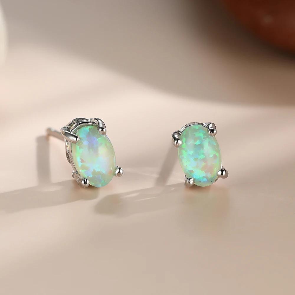 Silver Color Cute Oval Green Opal Stone Stud Earrings for Women Dainty Classic 4 Claws Natural Fire Opal Stone Students Earrings