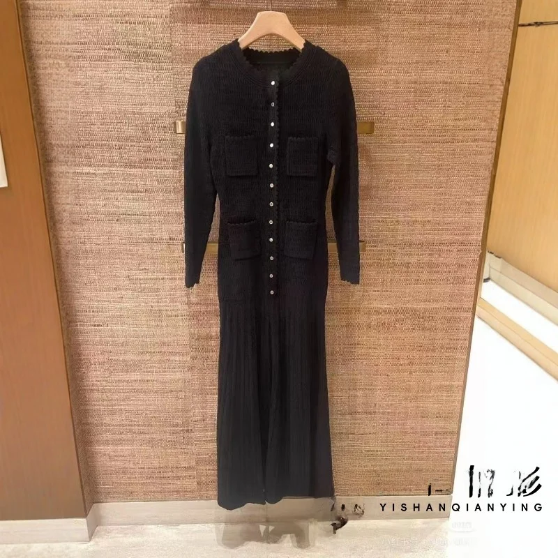 

Ele Long Knitted Dr round Ne Single Button French Sle Women's Faion Autumn Winter New Arrival Luxury S Home