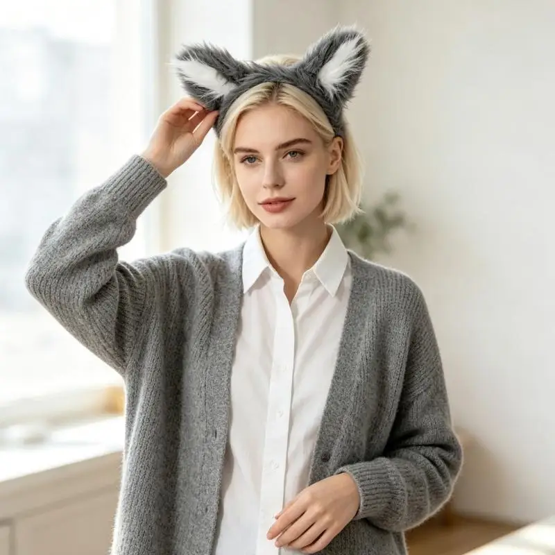 39BD High-Density Plush Animal Costume Accessory, Gray and White Fuzzy Accent for Themed Looks, Cosplay, and Photo Styling