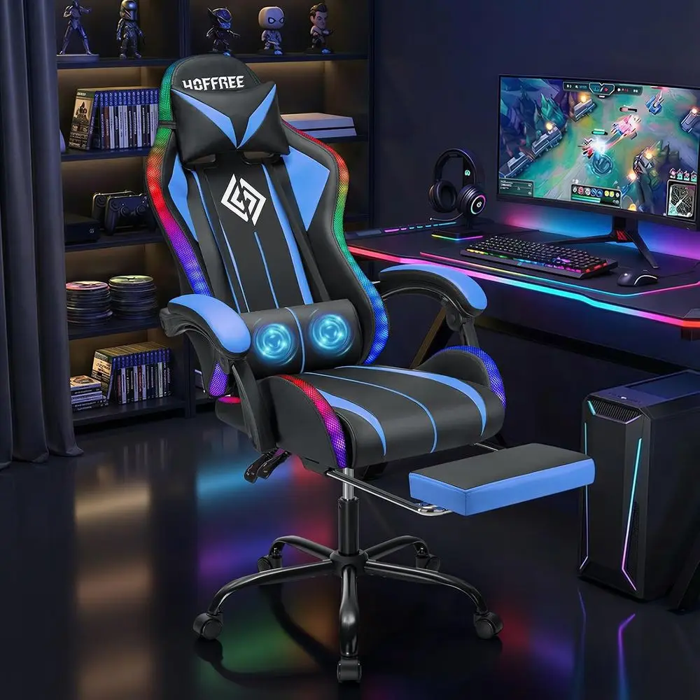 LED Gaming Chair with Massage RGB Lights Computer Game Chair-Blue | Ergonomic Reclining Gamer Chair with ootrest High Back Video view 2