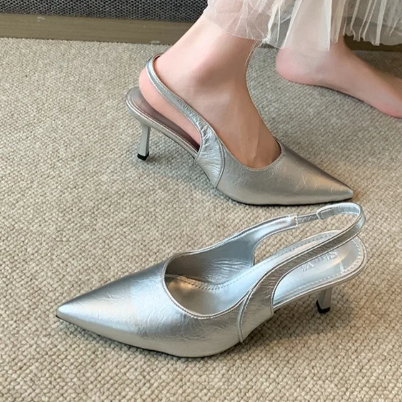 Französisch Stil Sexy Spitz Stiletto Silber Schnalle High Heels für Frauen2025summer Neue Stil Closed Toe Slingback Sandalen Plus größe
