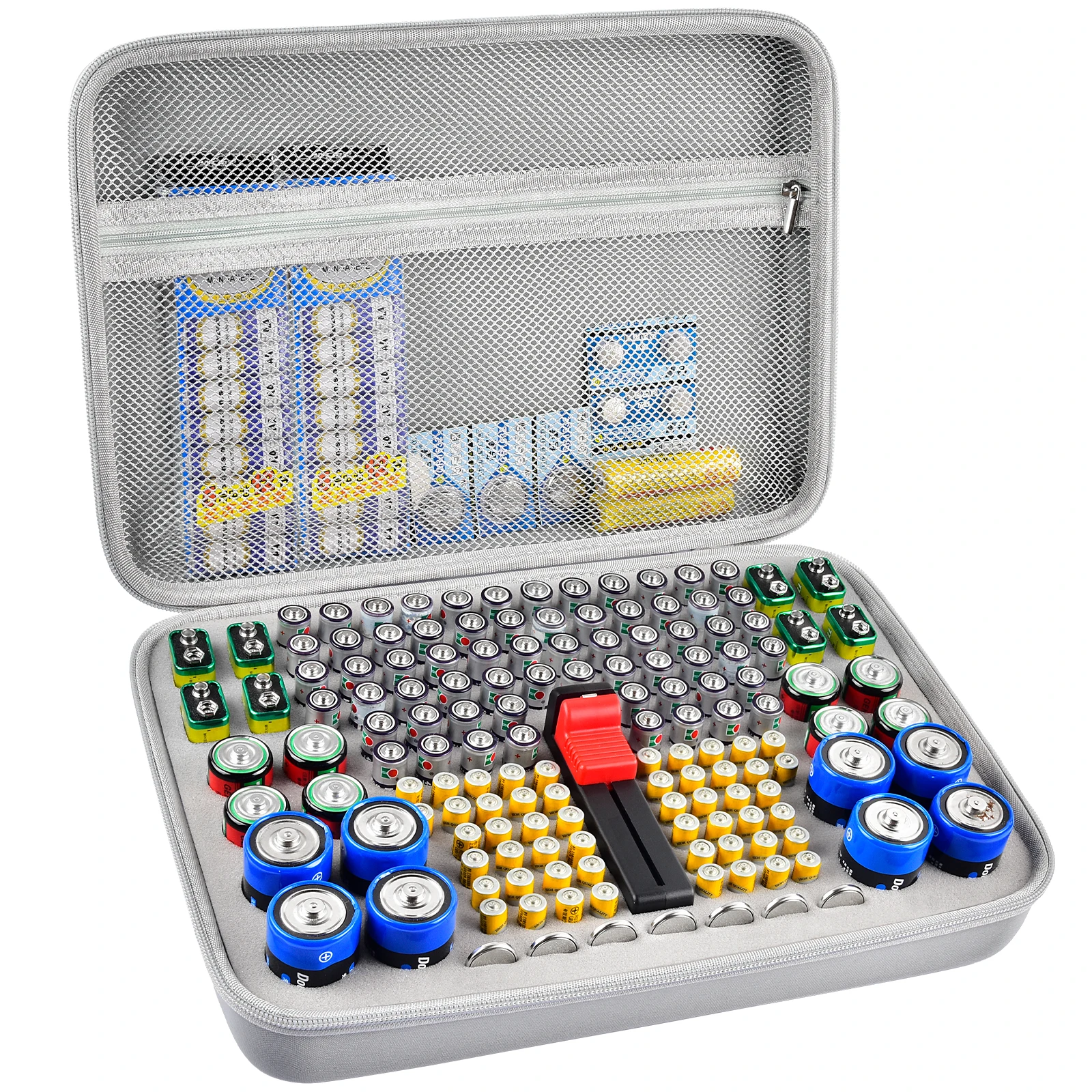 Batterij Organizer Case met Tester, geschikt voor 150+ AA AAA 9V C D Lithium knoopcelbatterijen, harde schaal voor thuis en garage.