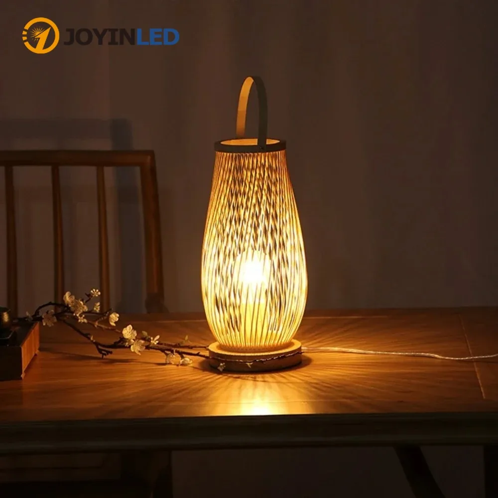 joyinled-ヴィンテージ竹手作りテーブルランプナチュラルデスクランプ寝室のベッドサイドデスクライトリビングルームの装飾暖かい竹ランプ