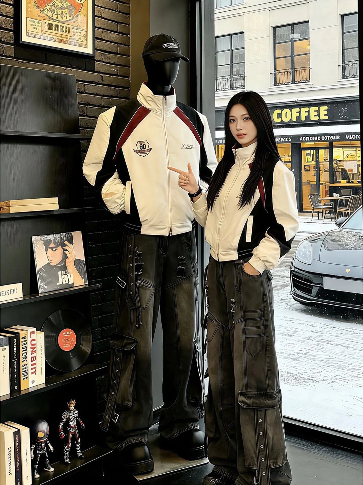 

American Splice Contrast Color Embroidery Cotton Jaet Motorcycle Jaet Stand Collar Winter Warm Thi Outerwear for Women