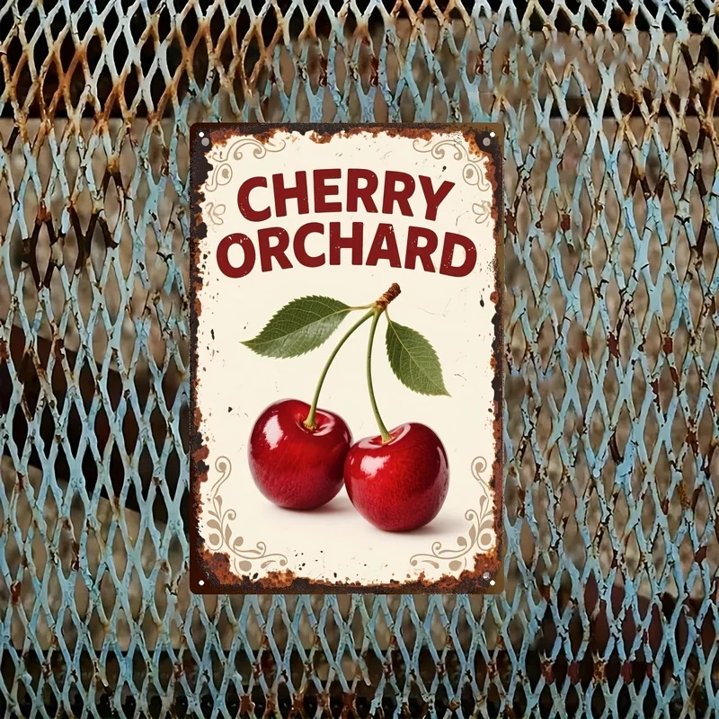 Vintage 2D Flat Metal Tin Sign, 1 Pack, Cherry Farm Orchard Wall Plaque with Red Cherries & Green Leaves, Rustic Farmhouse Easy