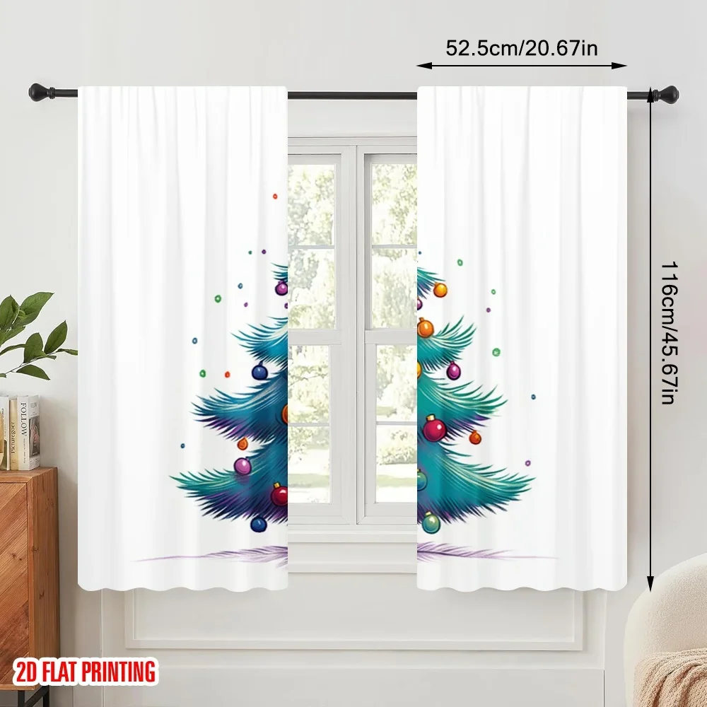 2pcs,2D plane printing Curtains&Window Treatment Festive Blue Christmas Tree Decorations (1) Versatile Polyester Fabric (without
