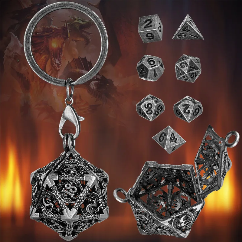 Mini Set De Dés DND 7 Pièces En Métal – Cage Dragon, Porte-clés, Collier, Boîte Cadeau – Argent Foncé