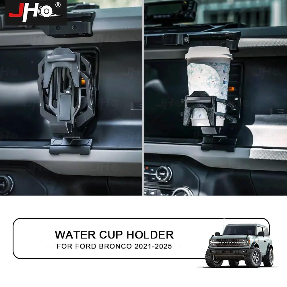 

JHO Car Front Cup Holder Mount Fits for Ford Bronco 2022 2023 Adjustable Base,Heavy Duty Adapter for Oversized Tumblers & Mugs