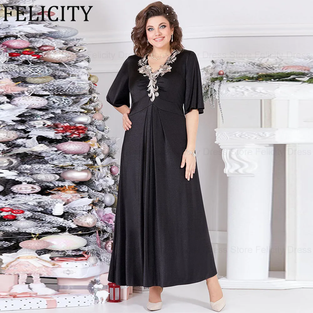 

Black Simple Plus Size Mother of the Bride Dress 2024 A-Line V-Neck Wedding Guest Dresses Applique Ankle-Length Evening Gowns