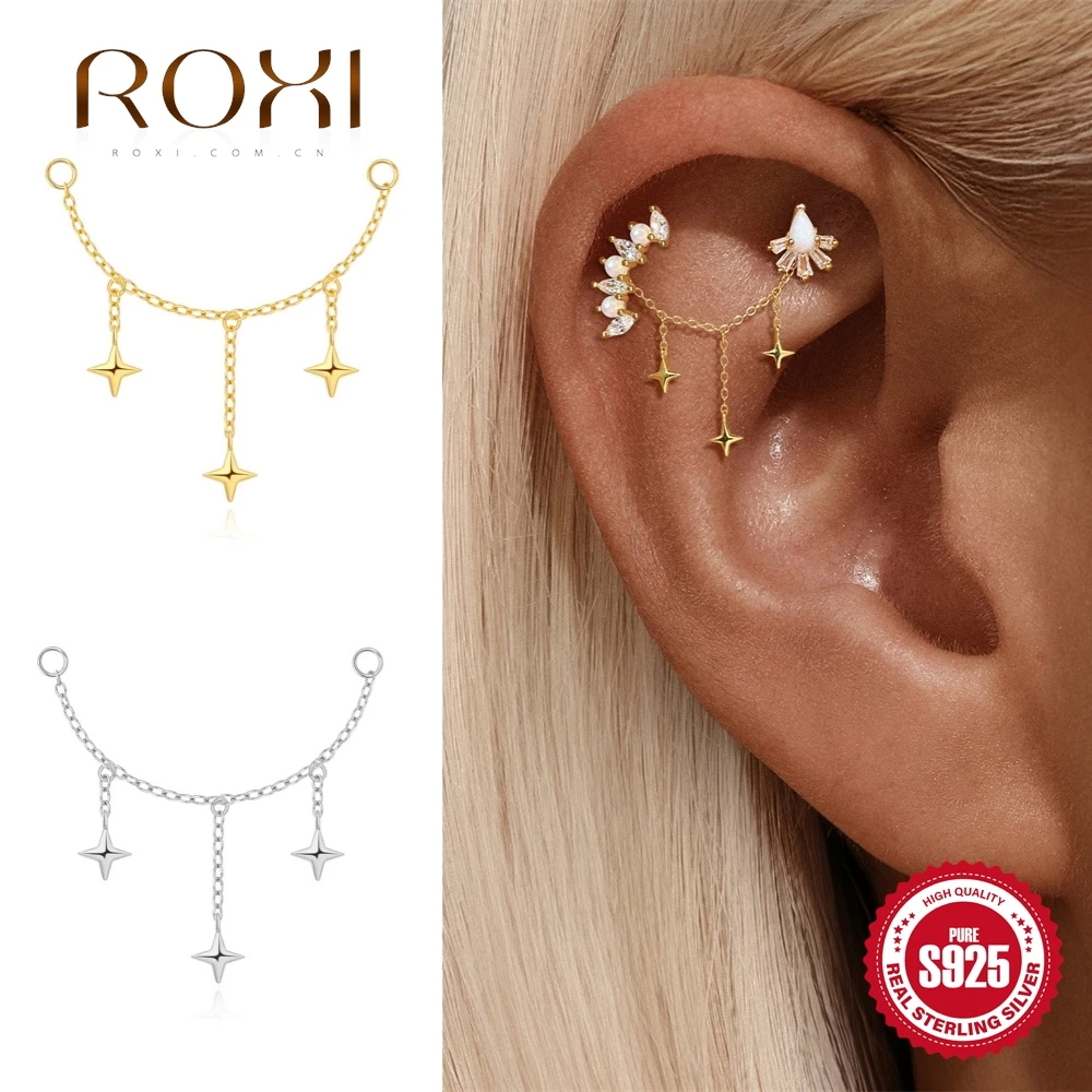 ROXI 925 Sterling Silver Classic Smooth Four Pointed Star Tassel Earrings For Women INS Charm Accessories Earrings Party Gifts