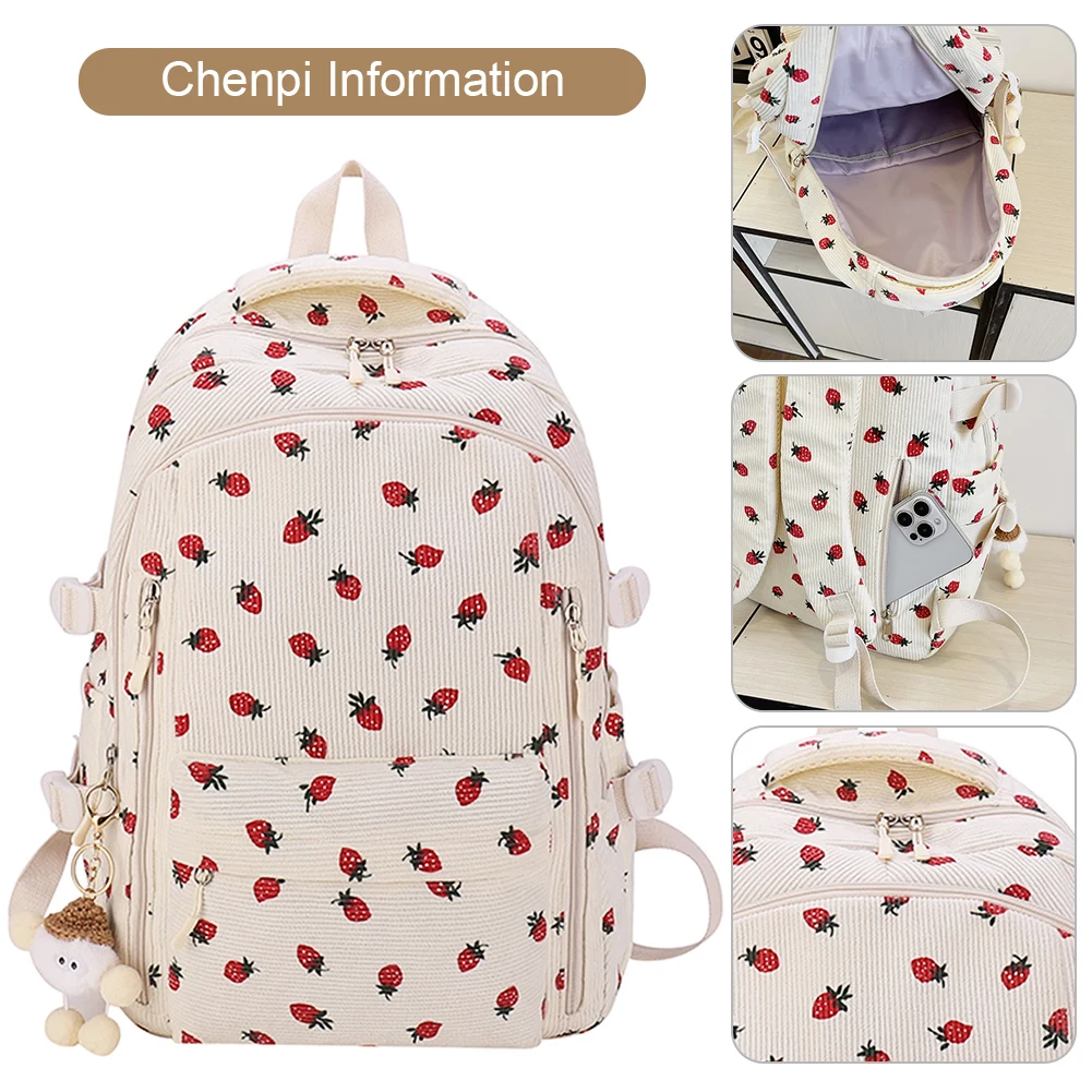 Women Travel Laptop Backpack with Pendant Corduroy Kawaii Casual Backpack Multi-Pockets Students Daily Backpack