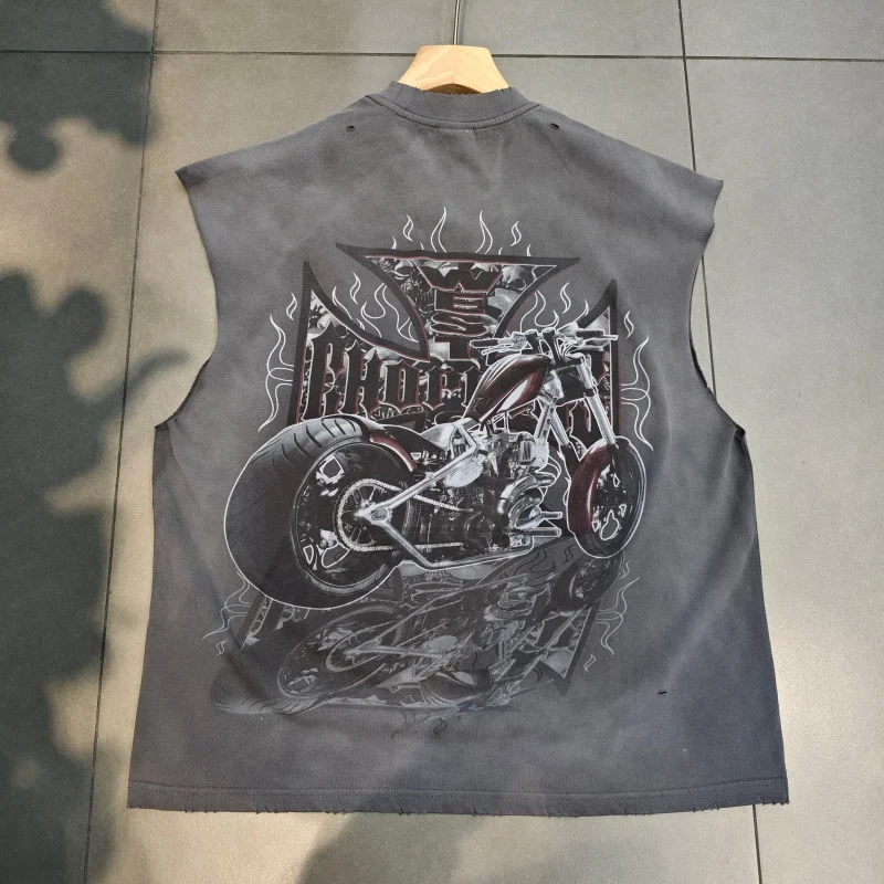 Men's Oversized Sleeveless T-Shirt Motorcycle Graphic Vintage Distressed Vest Streetwear Hip Hop Summer Top