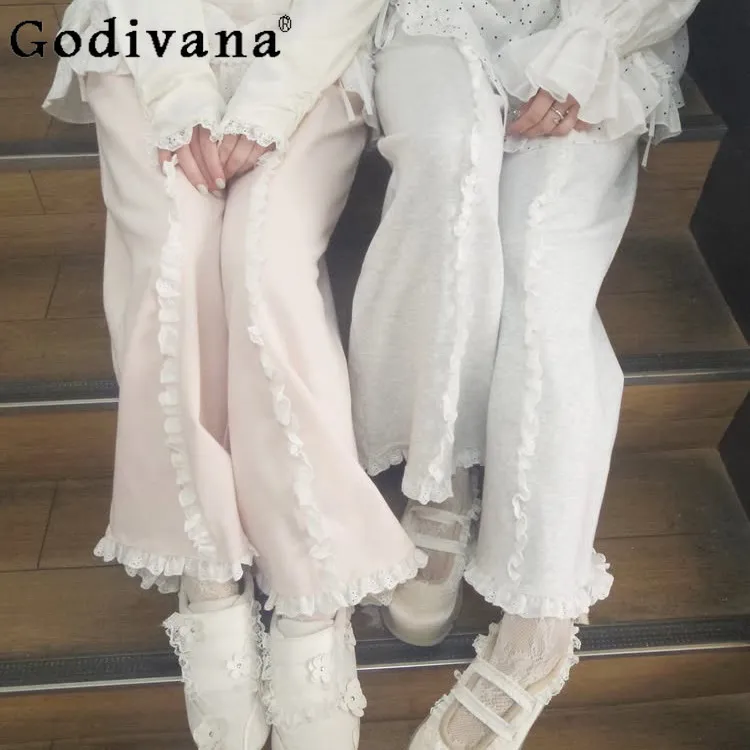 

Новые весенне-летние японские повседневные брюки для девушек и женщин: свободные спортивные штаны с эластичным поясом и рюшами по краю, прямые брюки